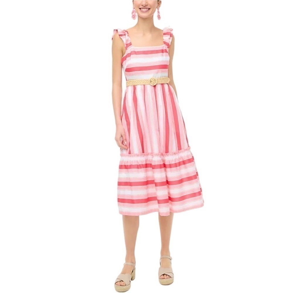 NWT J. Crew Dress Dress Cotton Stripe Tiered Ruffle Smocked Square Barbiecore 6